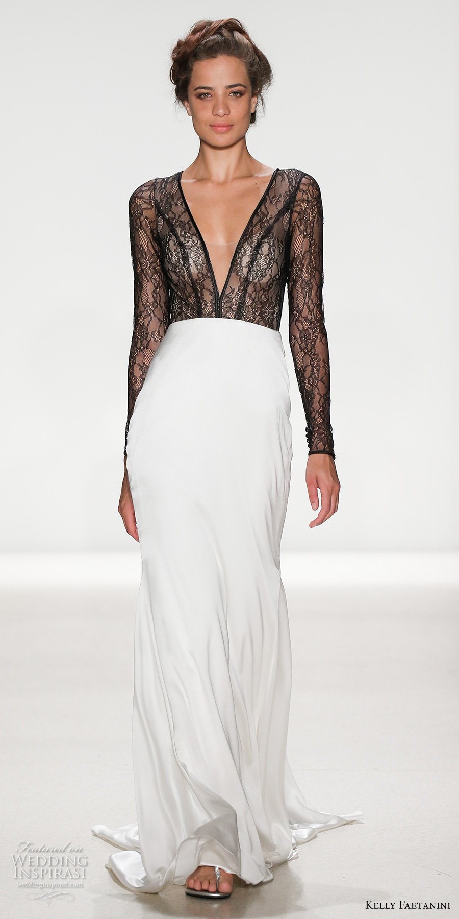 kelly faetanini spring 2018 bridal long sleeves deep v neck black lace heavily embellished bodice flowy sexy sheath wedding dress covered lace back chapel train (portia) mv