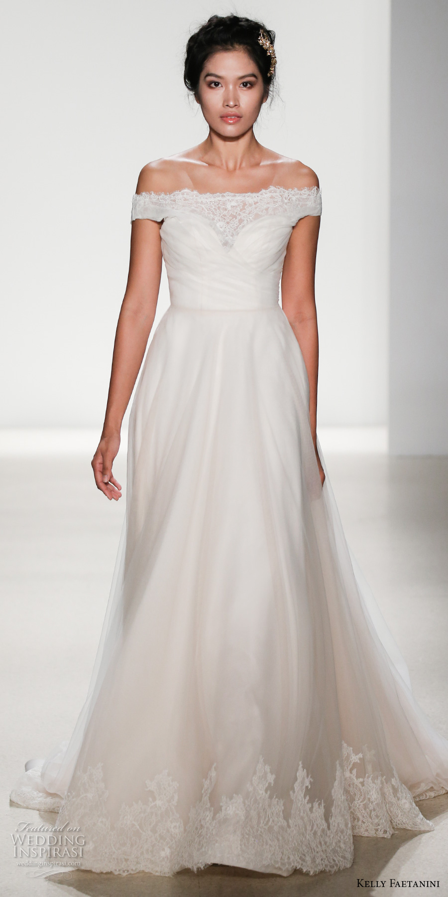 kelly faetanini spring 2018 bridal off the shoulder straight across sweetheart neckline ruched wrap over bodice romantic a line wedding dress chapel train (miranda) mv