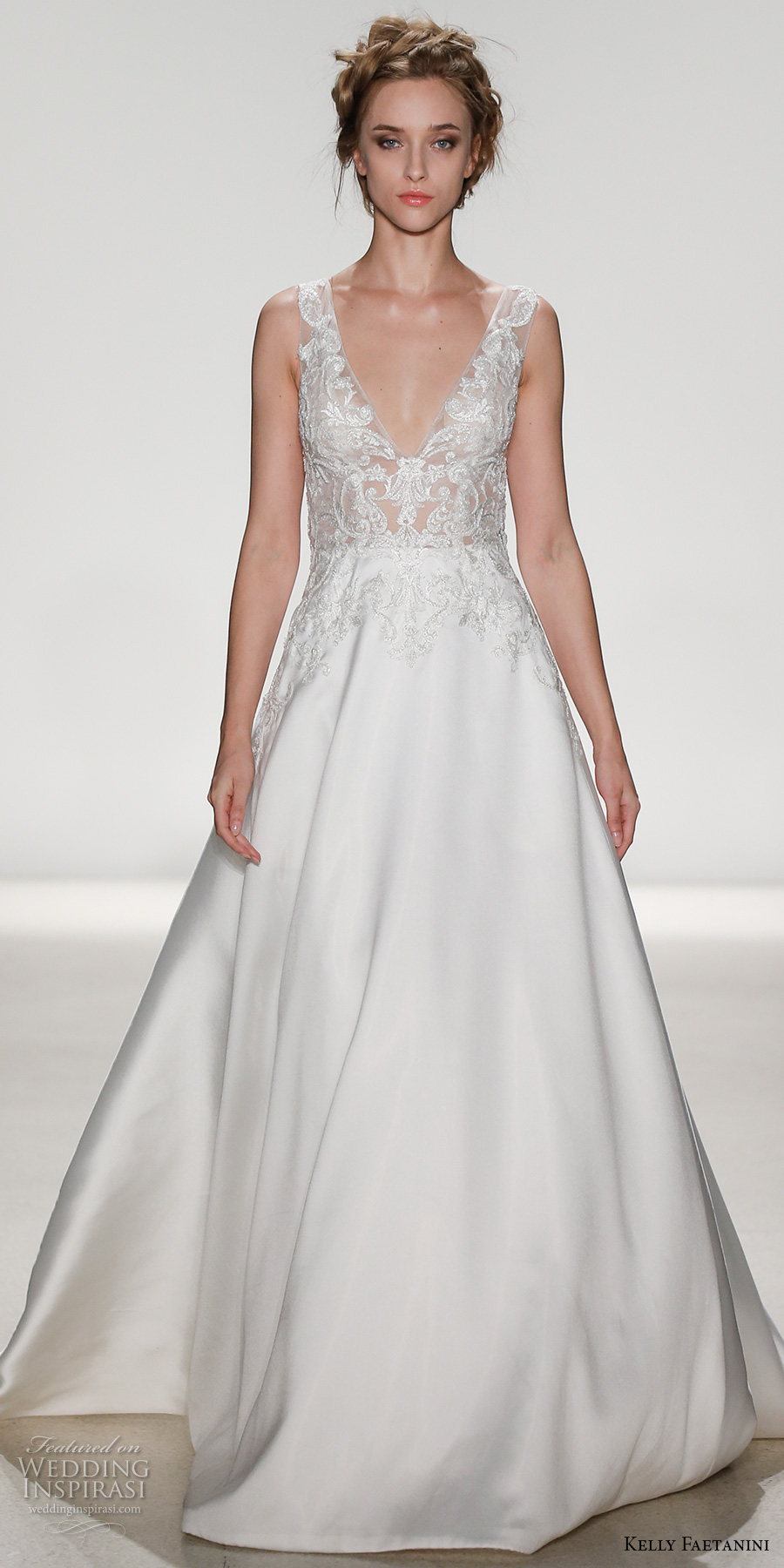 kelly faetanini spring 2018 bridal sleeveless lace strap v neck heavily embellished bodice satin skirt elegant a  line wedding dress v lace back chapel train (ceres) mv