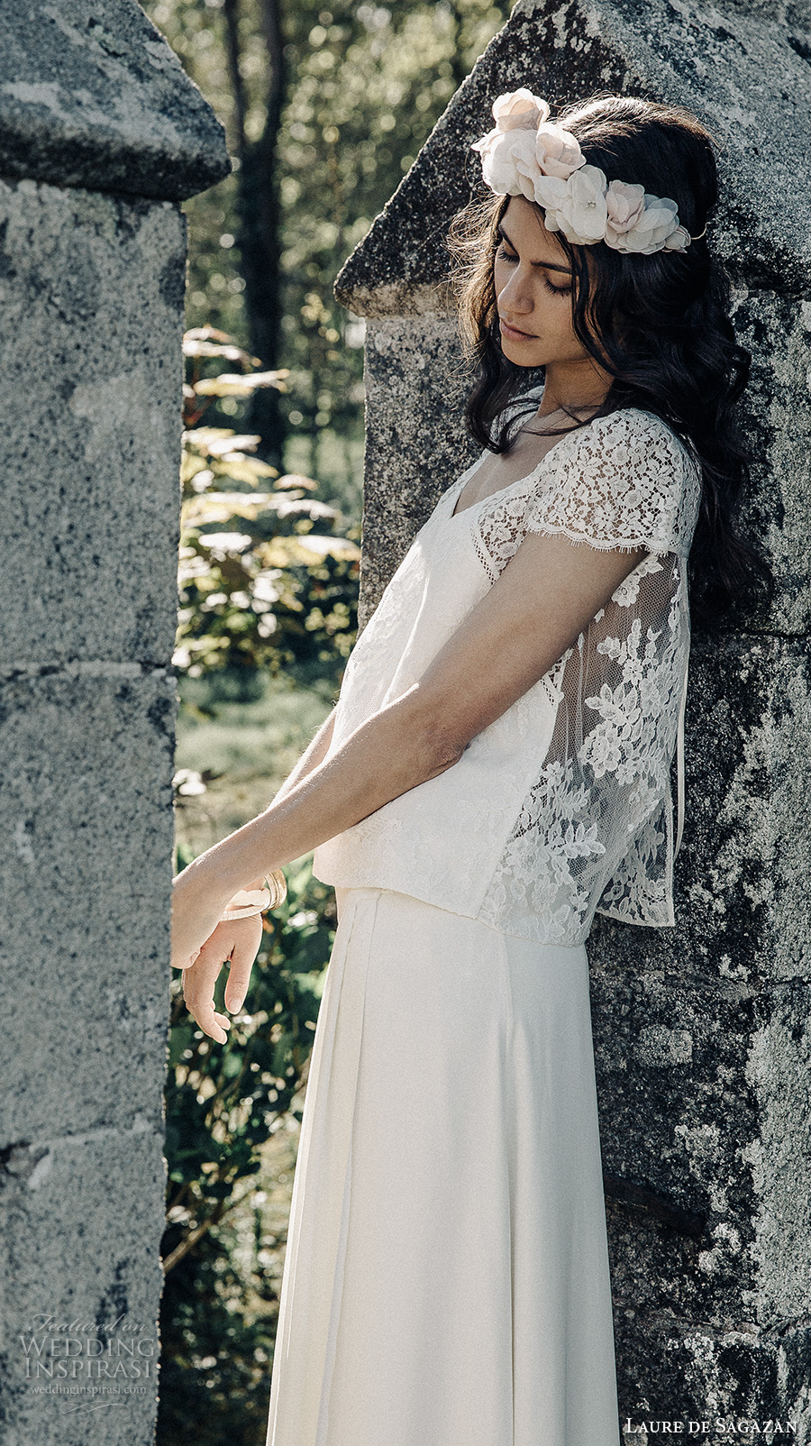 laure de sagazan 2017 bridal cap sleeves v neck lightly embellished bodice top bohemian column wedding dress covered lace back (valmore marot) mv