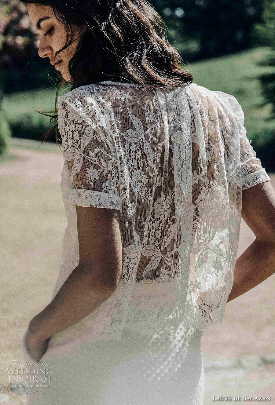 laure de sagazan 2017 bridal half sleeves bateau neck simple 2 piece bohemian column wedding dress covered lace back (peguy top flament skirt) bv