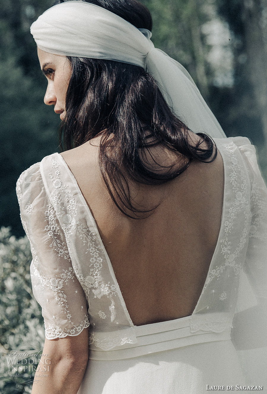 laure de sagazan 2017 bridal half sleeves v neck light embellished bodice surplice bohemian column wedding dress open back (veme) bv