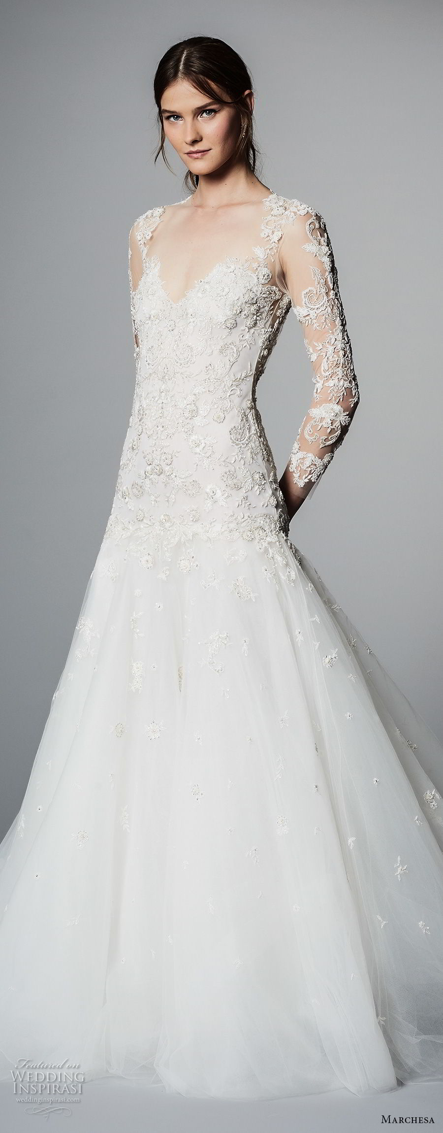 marchesa spring 2018 bridal long sleeves sweetheart neckline heavily embellished bodice glamorous romantic a  line wedding dress open low back chapel train (08) zv