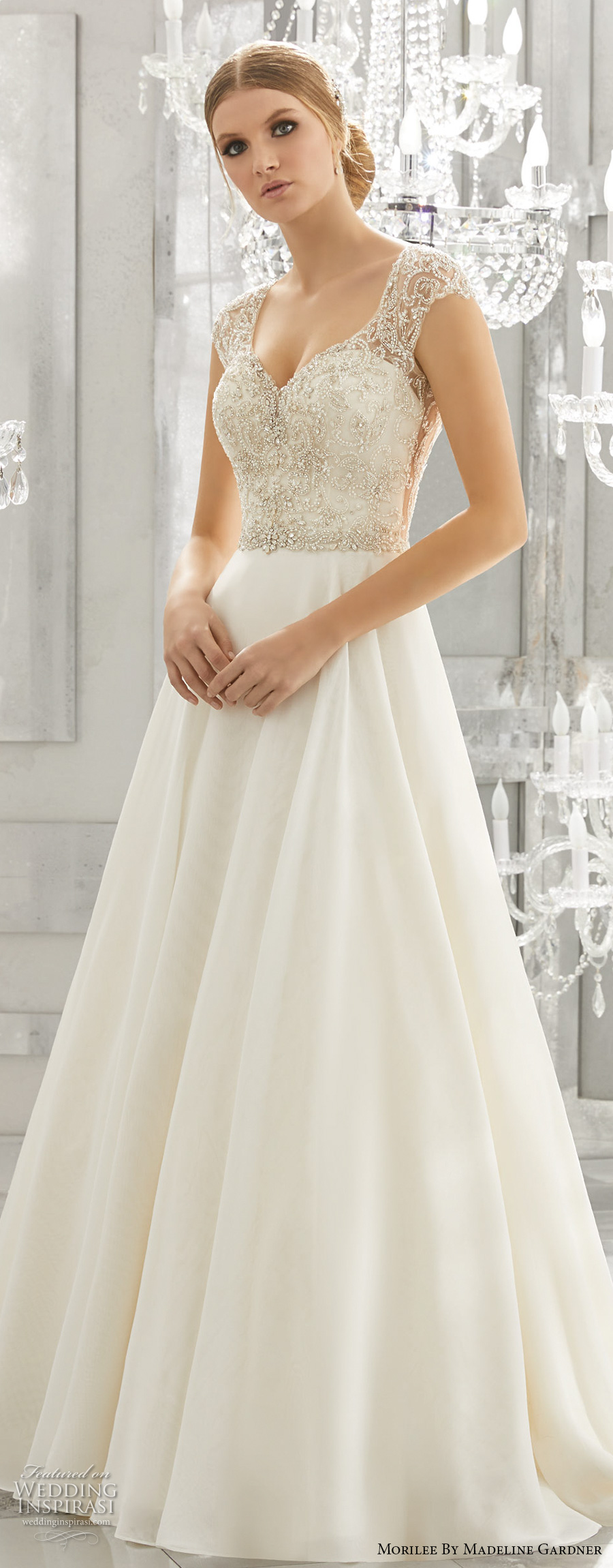 morilee fall 2017 bridal cap sleeves sweetheart neckline heavily embellished bodice glamorous romantic a  line wedding dress open scoop back chapel train (8182) mv zv