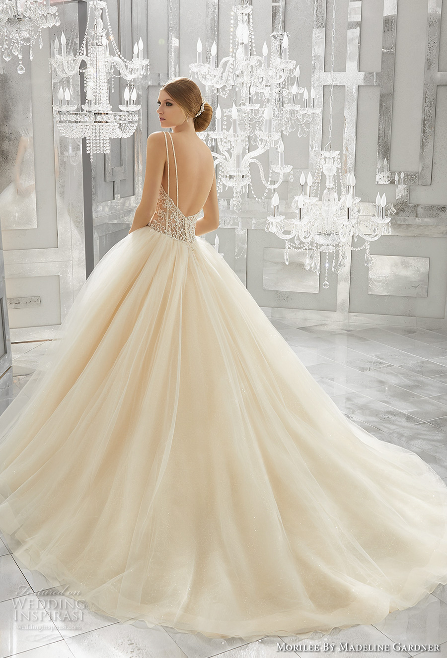 morilee fall 2017 bridal double thin strap sweetheart neckline heavily embellished bustier bodice tulle skirt blush color romantic sexy ball gown wedding dress open back chapel train (8194) bv