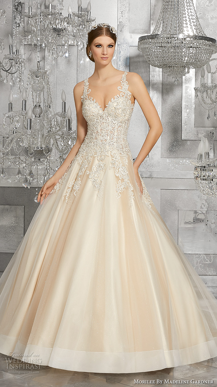 morilee fall 2017 bridal embellished strap sweetheart neckline heavily embellished busiter bodice romantic blush color a  line wedding dress keyhole back chapel train (8190) mv