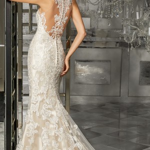 morilee fall 2017 bridal sleeveless illusion halter sweetheart neckline full embellished elegant glamorous fit and flare wedding dress bodice sheer lace back chapel train (8173) bv