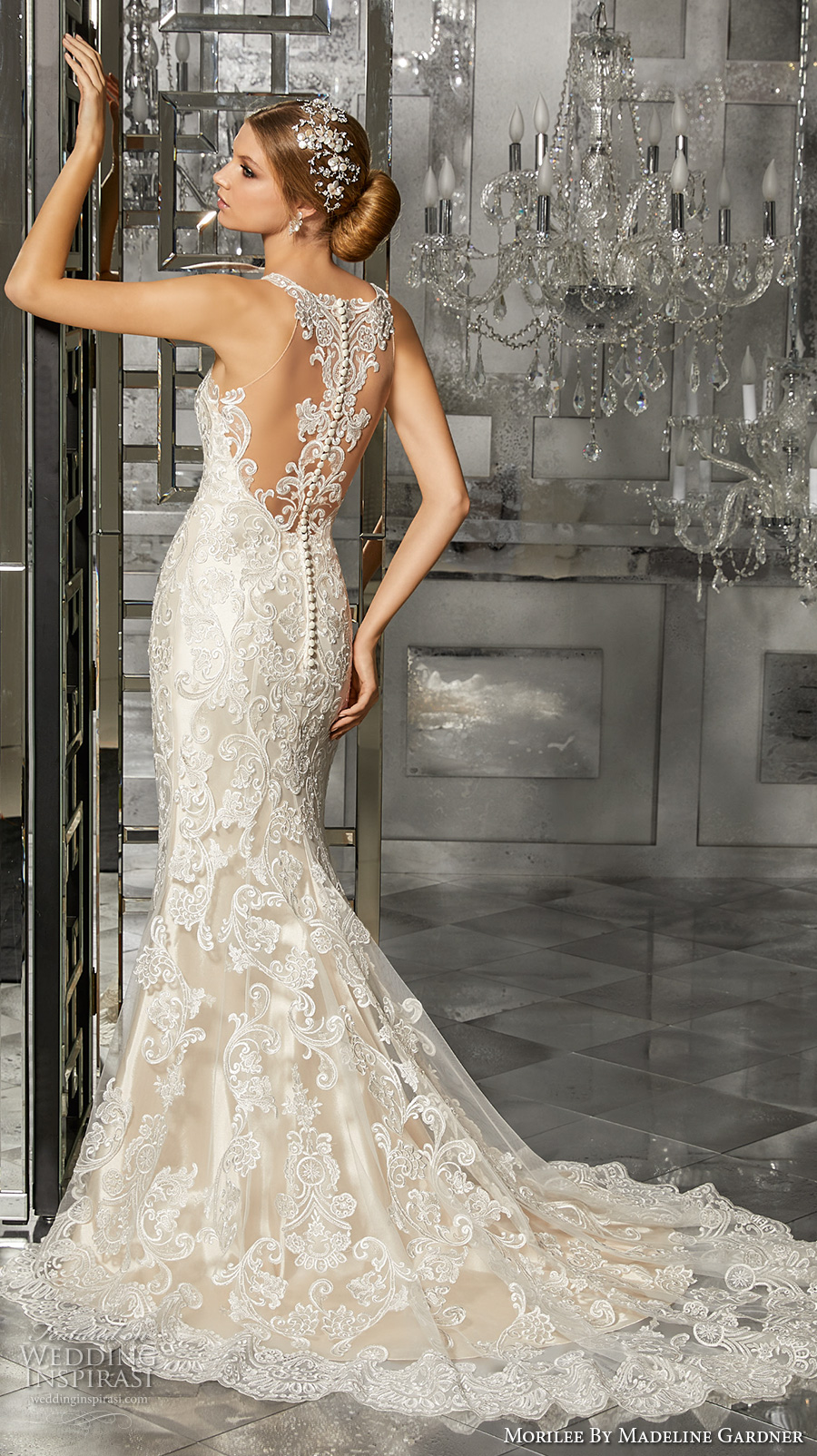 morilee fall 2017 bridal sleeveless illusion halter sweetheart neckline full embellished elegant glamorous fit and flare wedding dress bodice sheer lace back chapel train (8173) bv