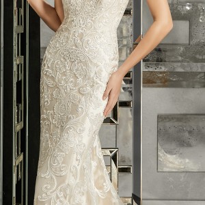 morilee fall 2017 bridal sleeveless illusion halter sweetheart neckline full embellished elegant glamorous fit and flare wedding dress bodice sheer lace back chapel train (8173) mv