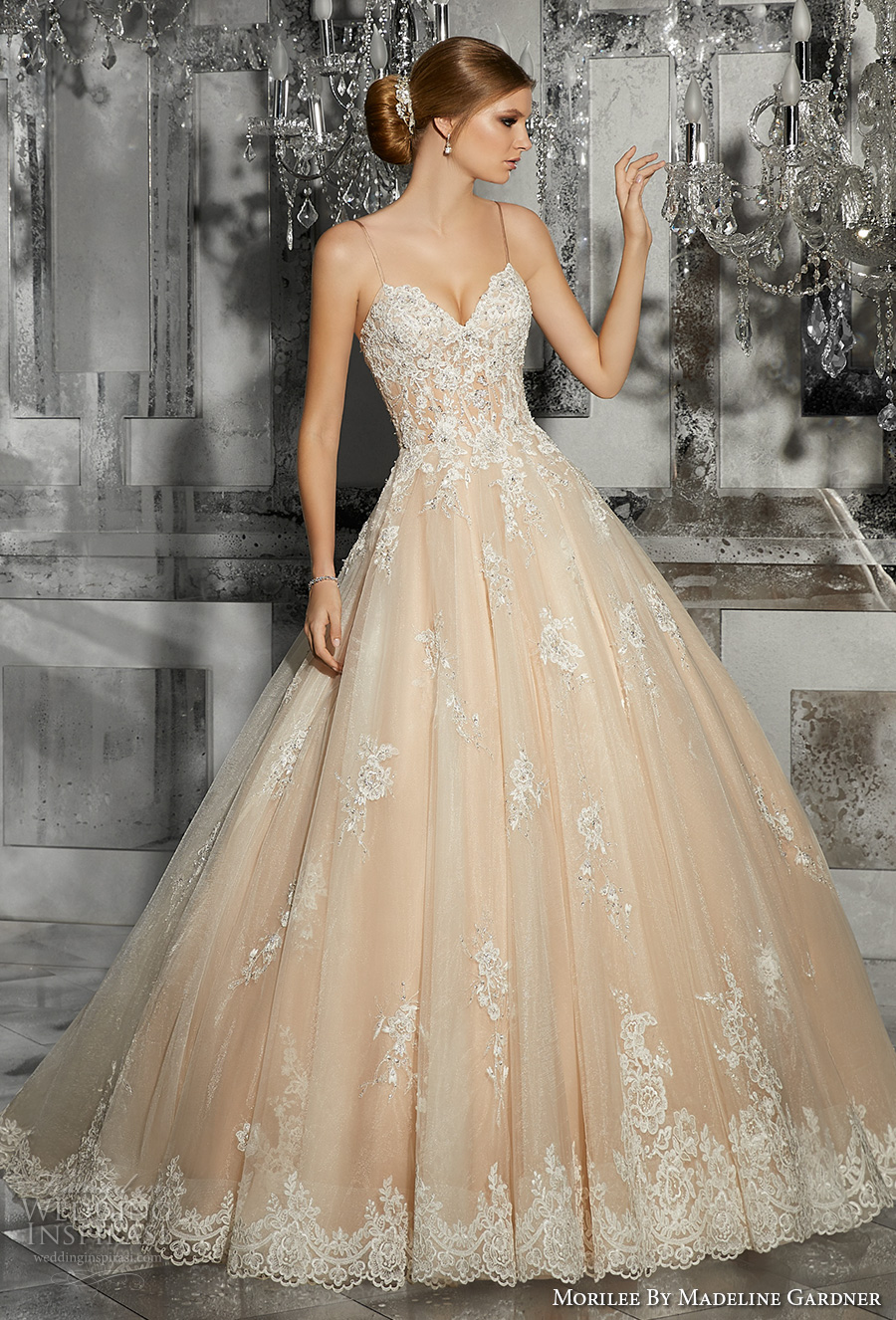 morilee fall 2017 bridal spagetti strap sweetheart neckline heavily embellished bodice romantic princess blush ball gown a  line wedding dress chapel train (8187) mv