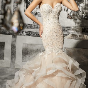 morilee fall 2017 bridal strapless sweetheart neckline heavily embellished bodice layered skirt blush elegant mermaid wedding dress chapel train (8172) mv