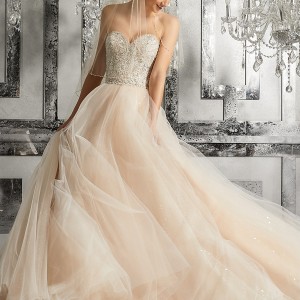 morilee fall 2017 bridal strapless sweetheart neckline heavily embellished bodice tulle skirt blush color romantic a  line wedding dress chapel train (8175) mv