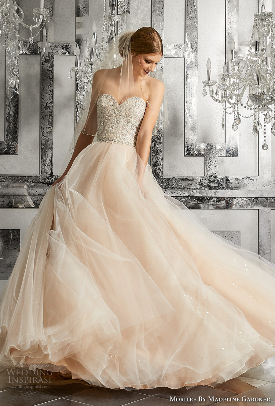 morilee fall 2017 bridal strapless sweetheart neckline heavily embellished bodice tulle skirt blush color romantic a  line wedding dress chapel train (8175) mv