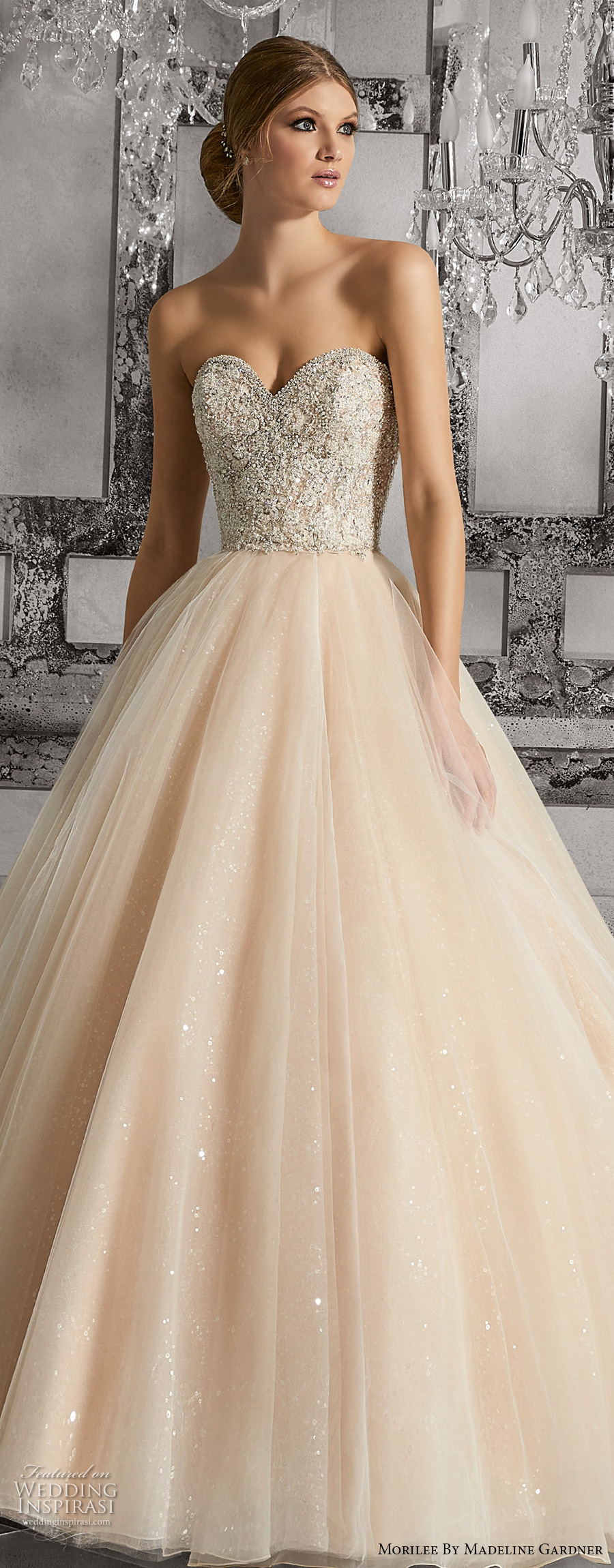 morilee fall 2017 bridal strapless sweetheart neckline heavily embellished bodice tulle skirt blush color romantic a  line wedding dress chapel train (8175) zv