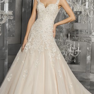 morilee fall 2017 bridal thick strap sweetheart neckline heavily embellished bodice romantic blush color a  line wedding dress sheer lace back chapel train (8174) mv