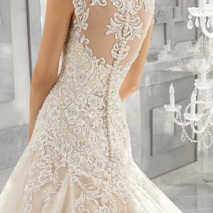 morilee fall 2017 bridal thick strap sweetheart neckline heavily embellished bodice romantic blush color a  line wedding dress sheer lace back chapel train (8174) zbv
