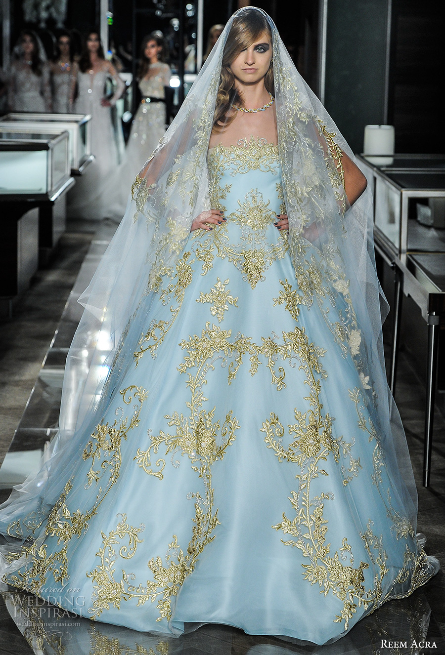 reem acra spring 2018 bridal strapless straight across full embellishment blue color princess ball gown wedding dress chapel train (24couture) mv