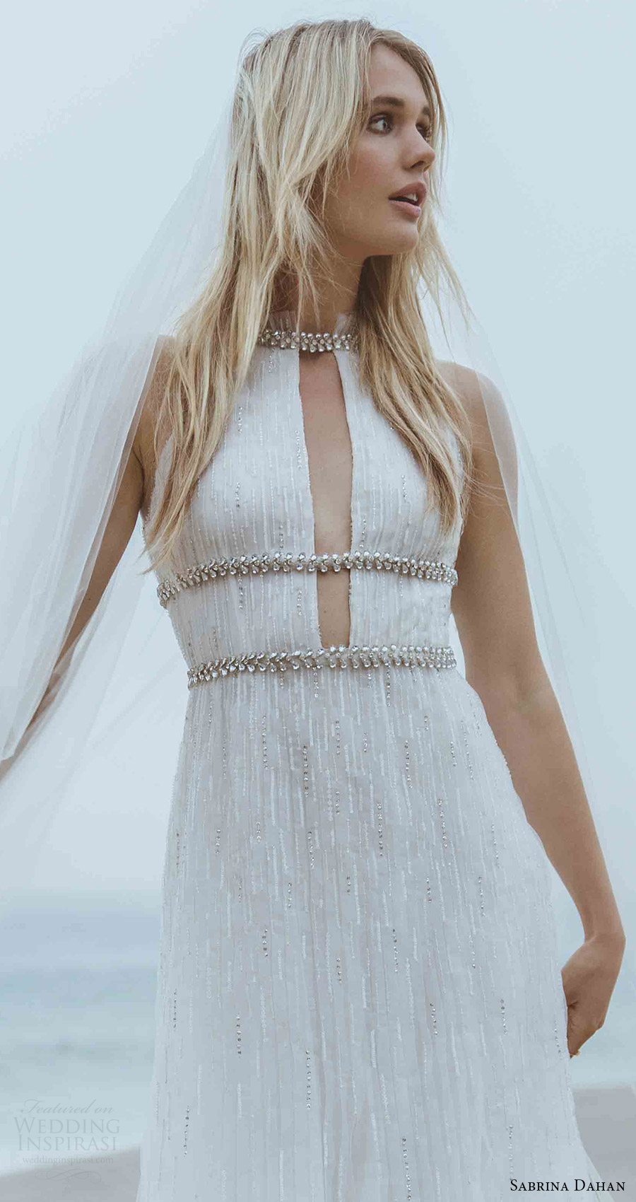 sabrina dahan spring 2018 bridal sleeveless high split neck beaded a line wedding dress (margot) zfv sweep train glam