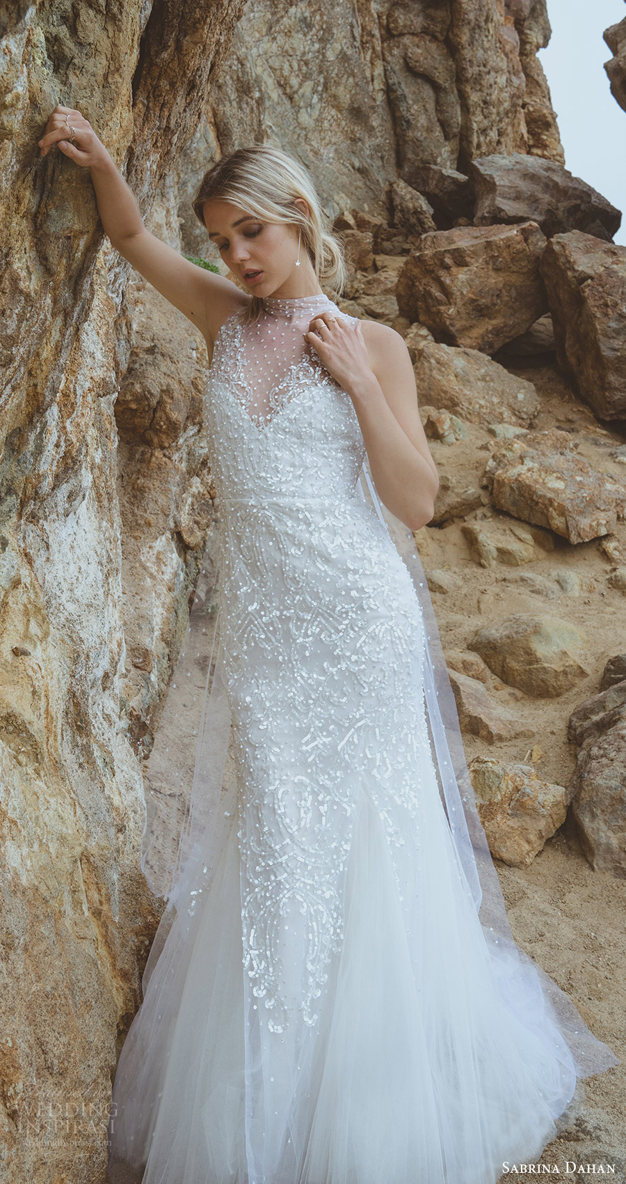 sabrina dahan spring 2018 bridal sleeveless illusion high neck heavily embellished trumpet wedding dress godet skirt (lorainne) mv romantic elegant