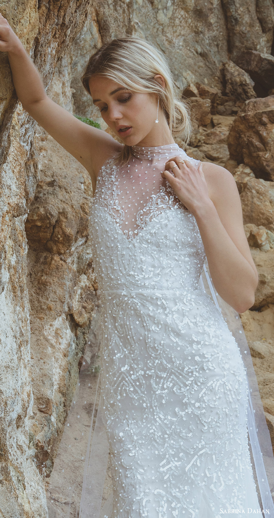 sabrina dahan spring 2018 bridal sleeveless illusion high neck heavily embellished trumpet wedding dress godet skirt (lorainne) zfv romantic elegant