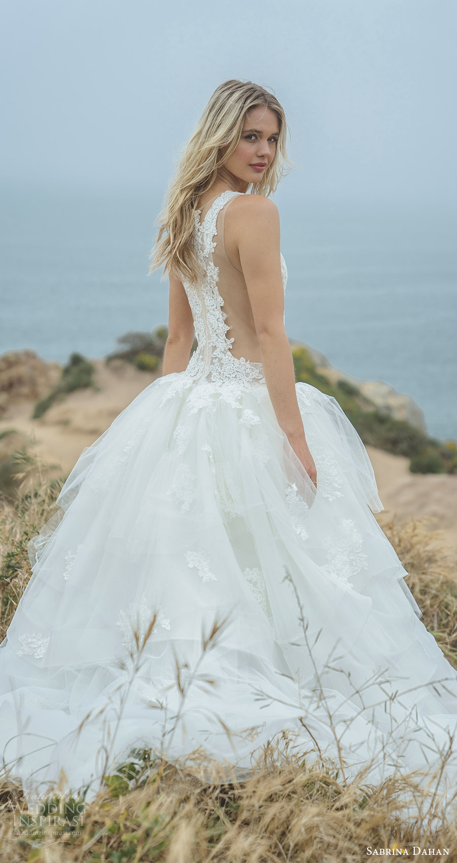 sabrina dahan spring 2018 bridal sleeveless lace racer back drop waist ball gown wedding dress tiered skirt (corinne) mv romantic