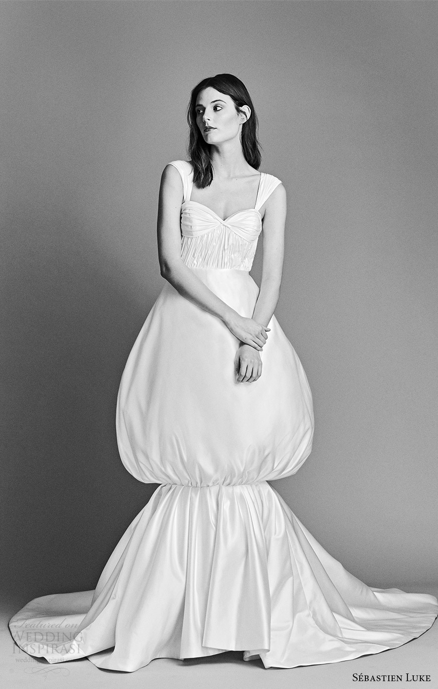 sebastien luke spring 2018 bridal cap sleeves sweetheart ruched bodice balloon skirt mermaid wedding dress (18b28) mv clean avant garde modern