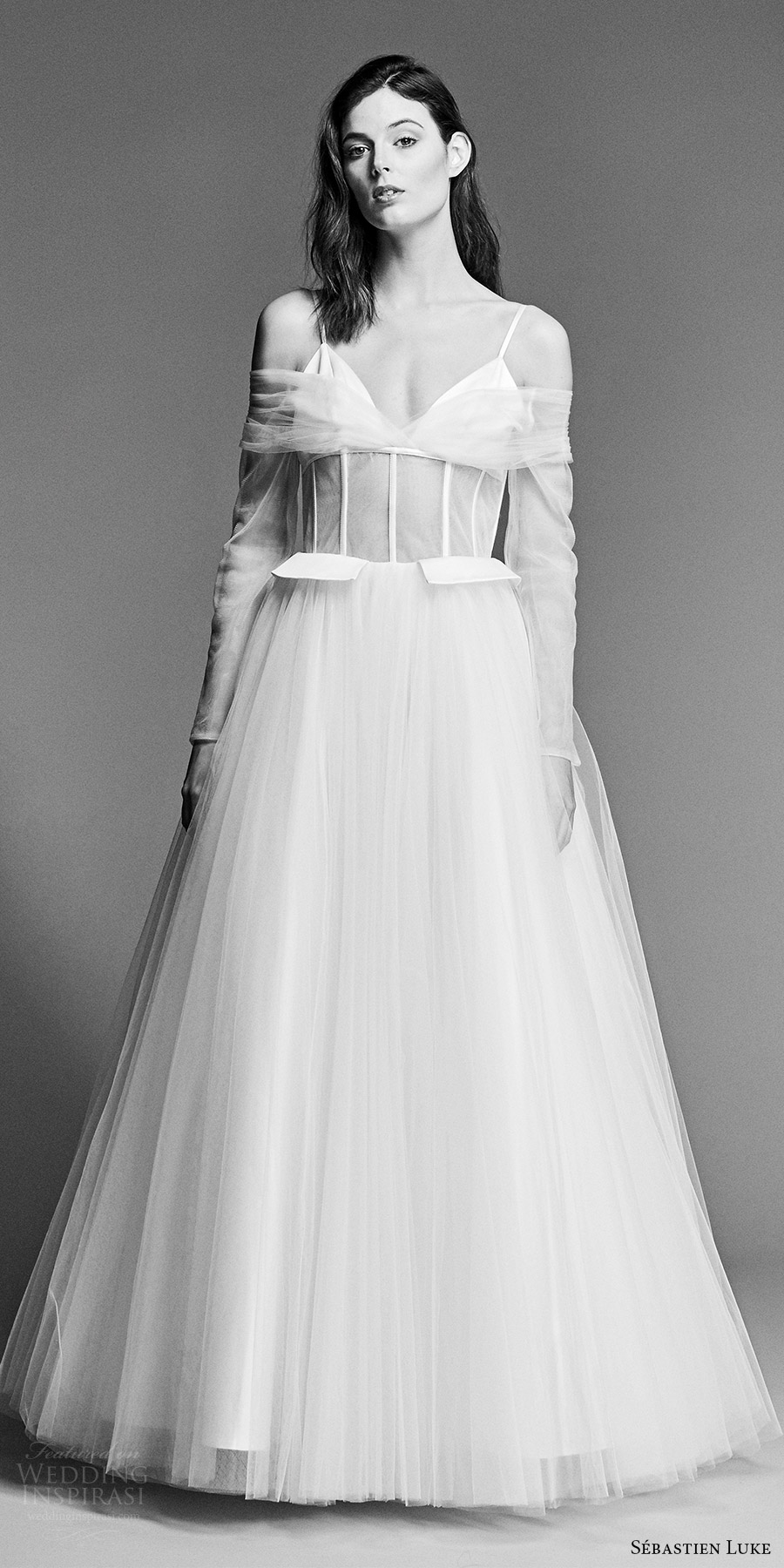 sebastien luke spring 2018 bridal illusion long sleeves v neck cold shoulder sheer bodice a line wedding dress (18b17) mv modern