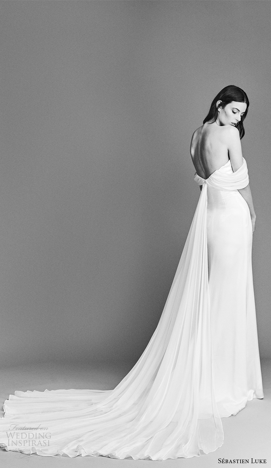 sebastien luke spring 2018 bridal off shoulder draped sleeves clean sheath wedding dress (18b11) bv low long train chic modern