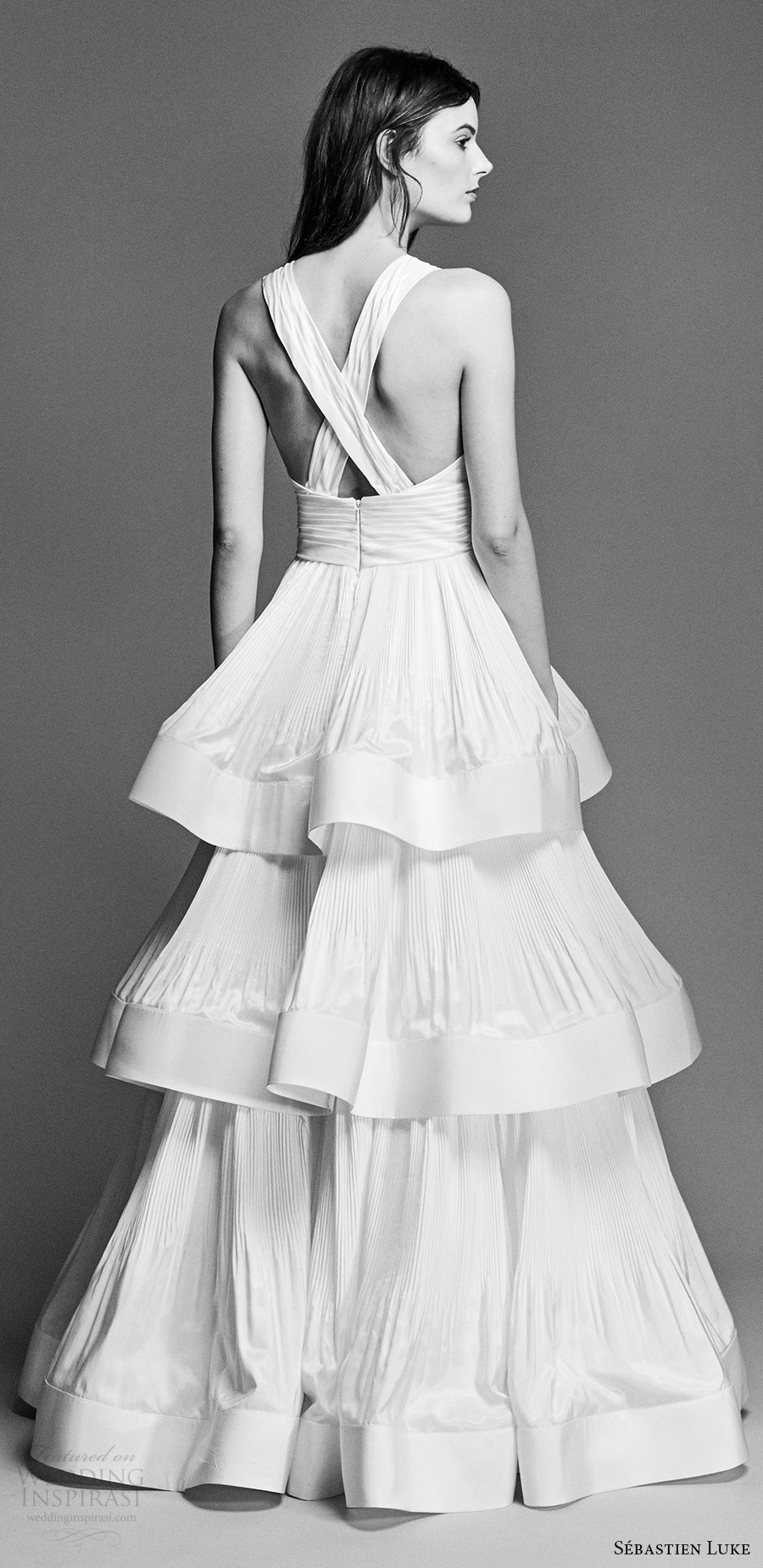 sebastien luke spring 2018 bridal sleeveless deep vneck column wedding dress tiered skirt (18b12) bv modern cross strap back