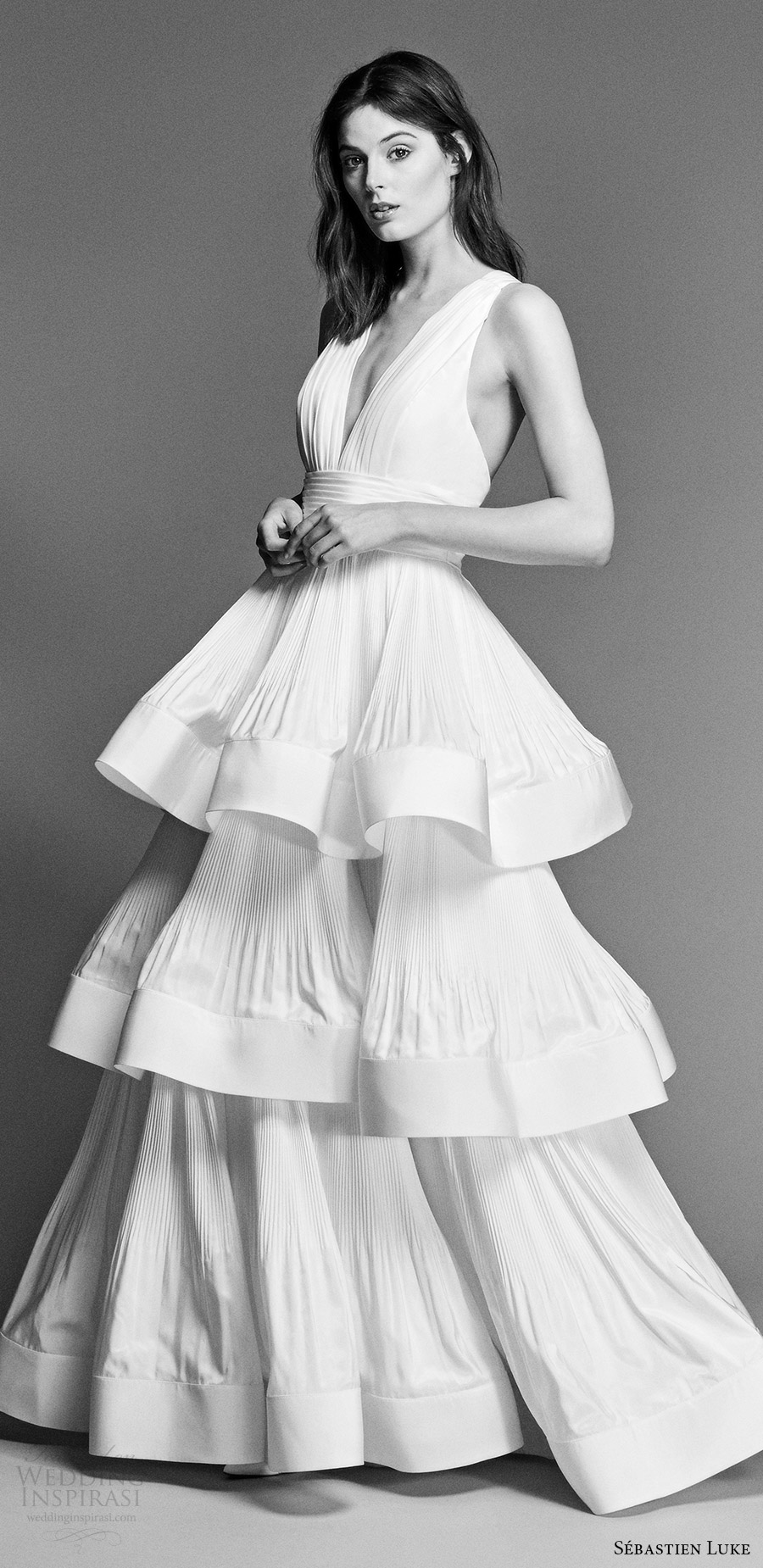 sebastien luke spring 2018 bridal sleeveless deep vneck column wedding dress tiered skirt (18b12) mv modern cross strap back