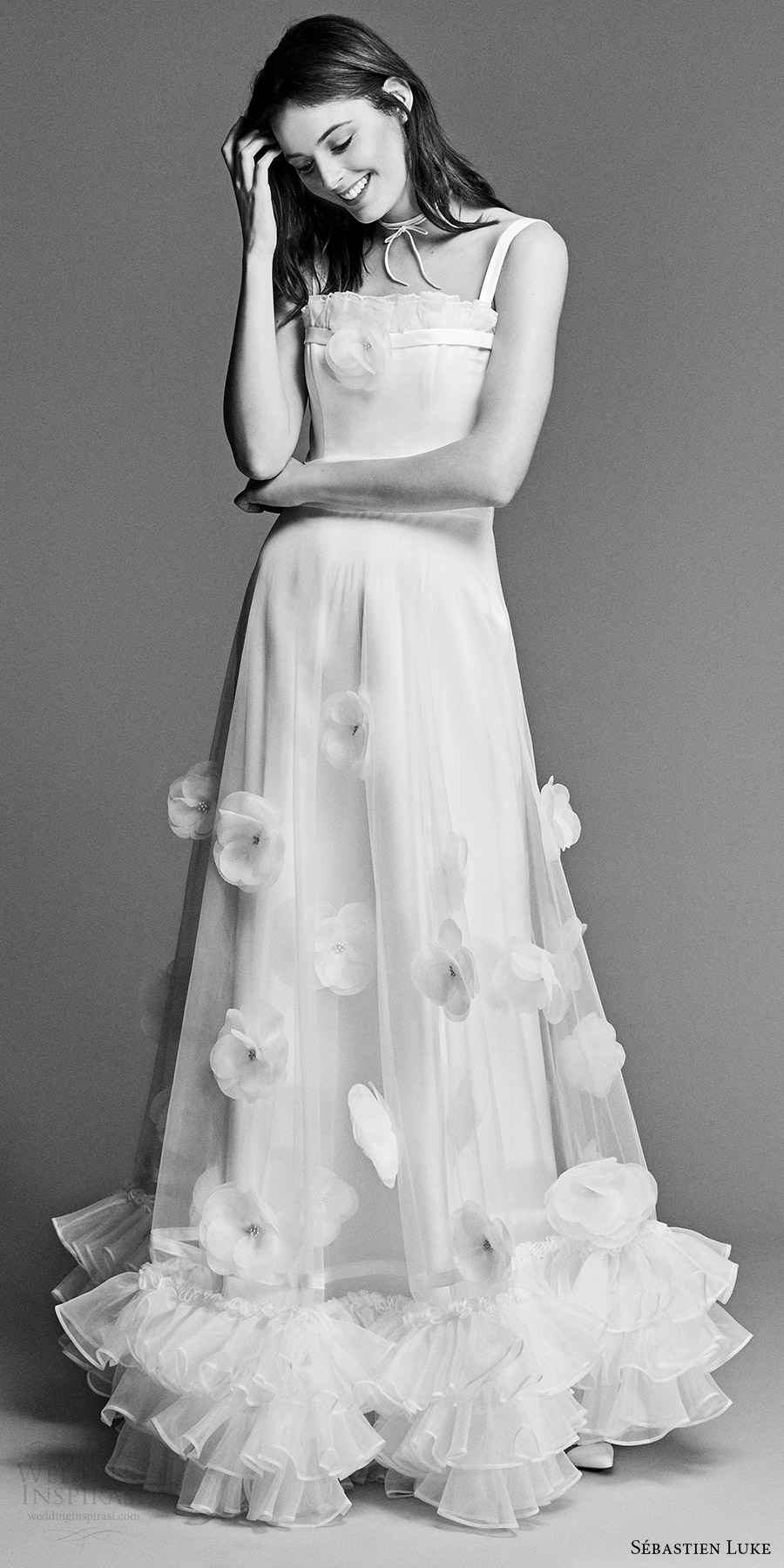 sebastien luke spring 2018 bridal sleeveless thick straps straight across crumb catcher a line wedding dress embellished skirt ruffle hem (18b22) mv romantic
