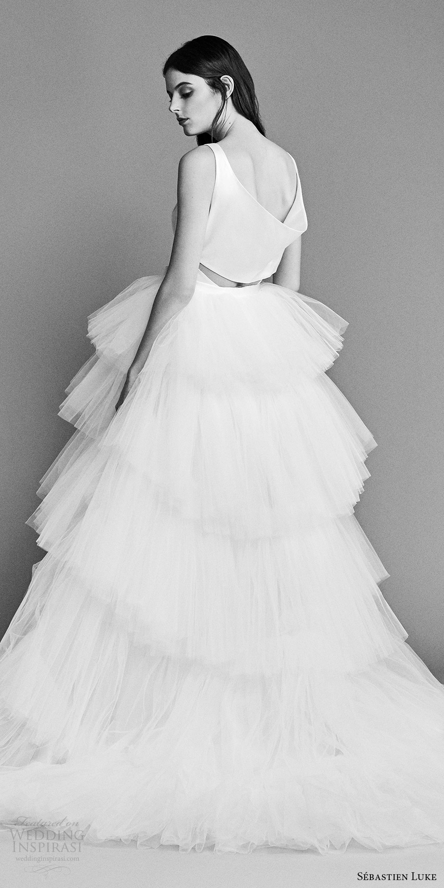 sebastien luke spring 2018 bridal sleeveless v neck ball gown wedding dress tiered tulle skirt bow waist (18b14a) bv romantic chapel train