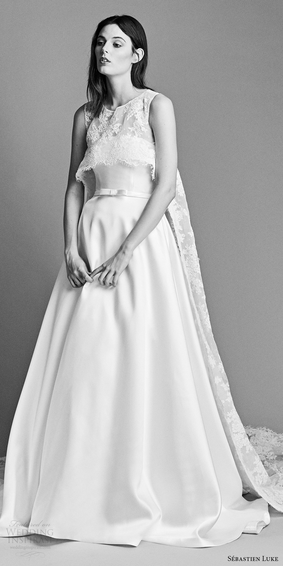 sebastien luke spring 2018 bridal strapless a line wedding dress lace crop top (18b21a) zv cathedral train modern