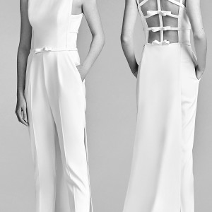 viktor and rolf spring 2018 bridal sleeveles jewel neck jumpsuit wedding dress (22) mv bv bow open back pocket train clean modern