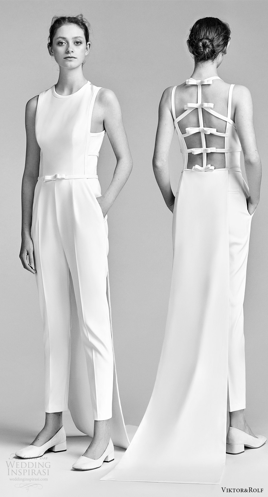 viktor and rolf spring 2018 bridal sleeveles jewel neck jumpsuit wedding dress (22) mv bv bow open back pocket train clean modern