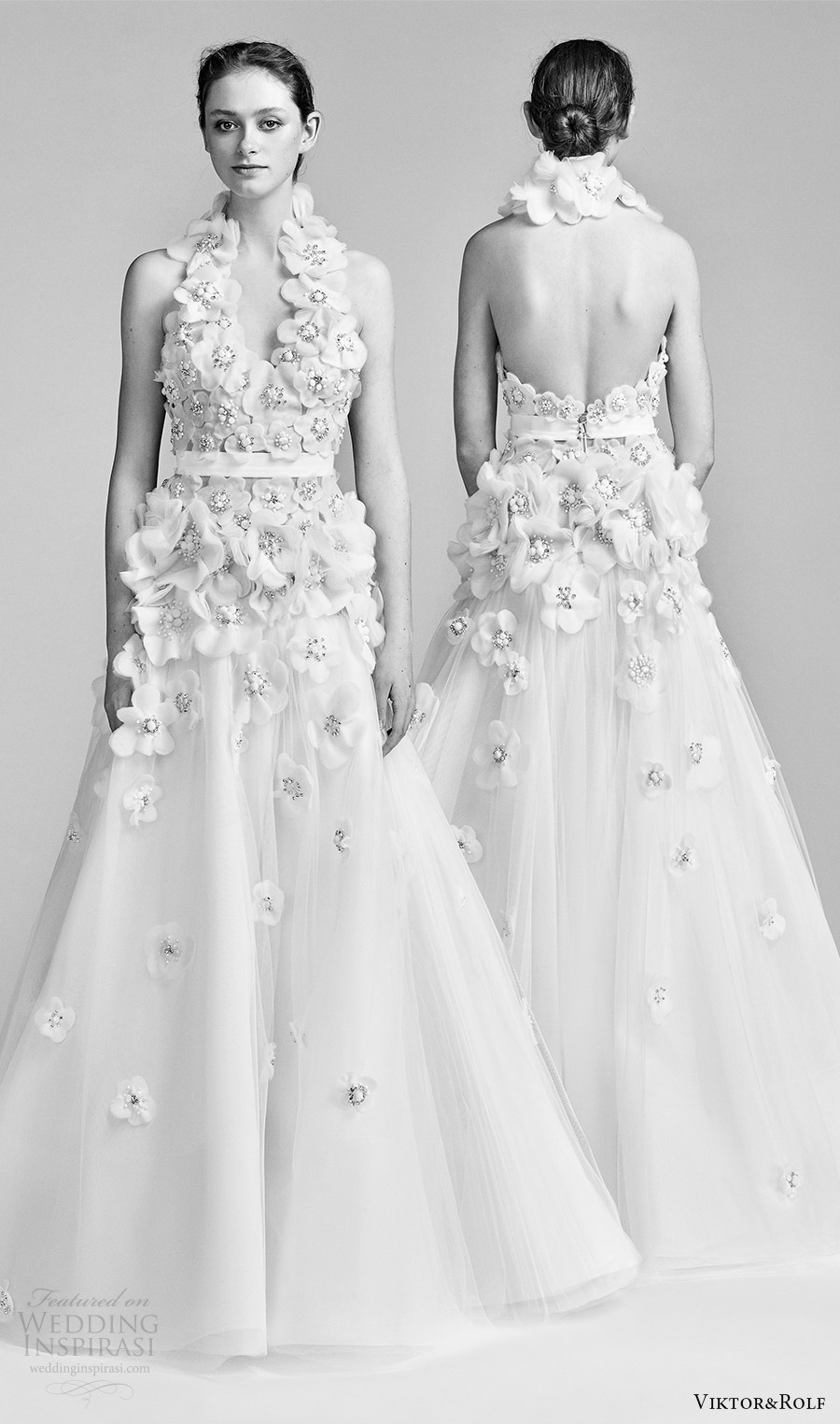 viktor and rolf spring 2018 bridal sleeveless halterneck embellished bodice a line wedding dress (20) mv bv low back boho romantic