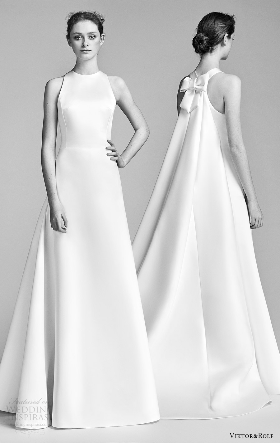 viktor and rolf spring 2018 bridal sleeveless jewel neck a line wedding dress (4) mv bow back watteau train clean modern