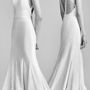 viktor and rolf spring 2018 bridal sleeveless jewel neck beaded neckline fit flare wedding dress (21) mv bv godet skirt open back modern