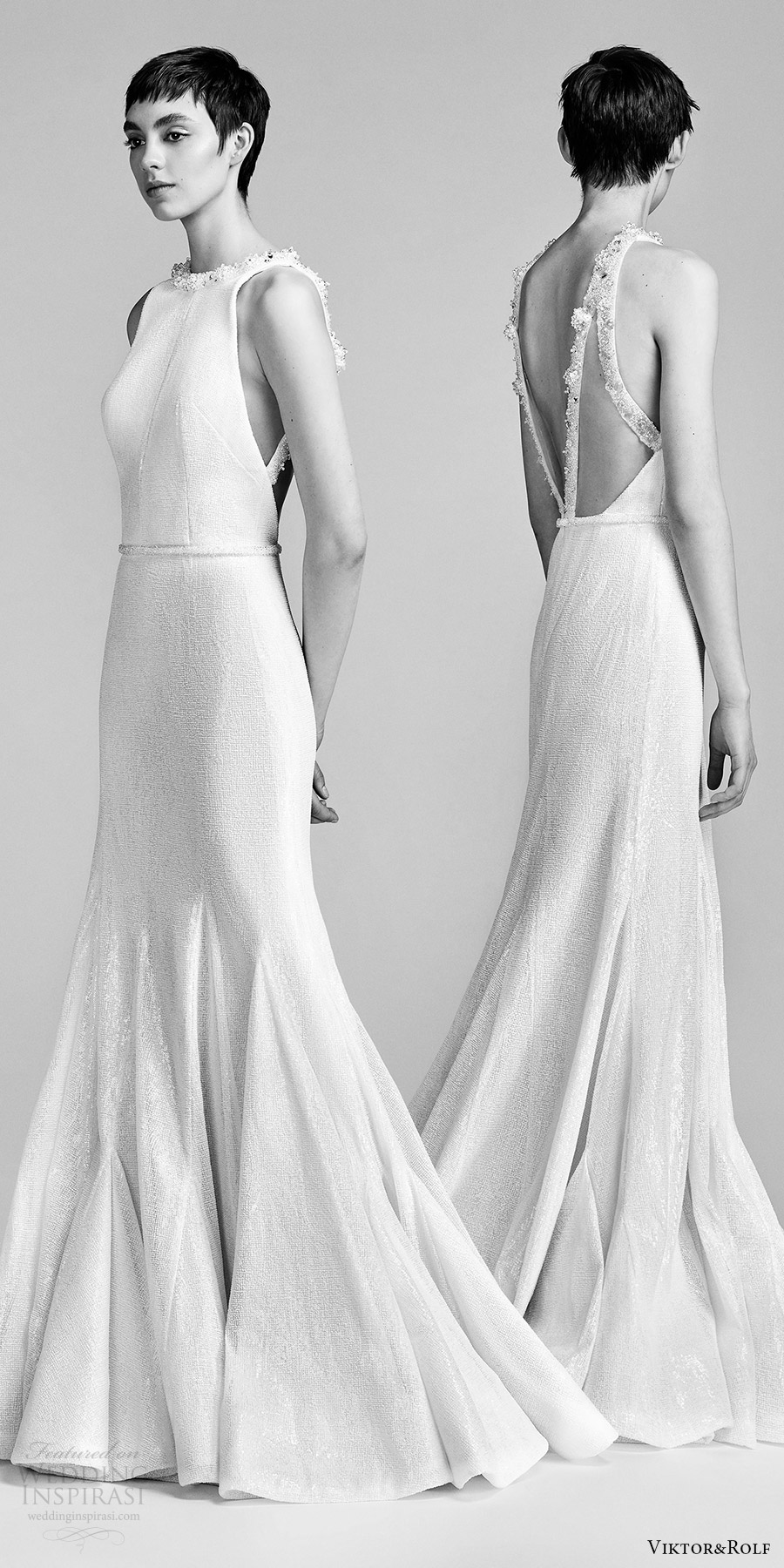 viktor and rolf spring 2018 bridal sleeveless jewel neck beaded neckline fit flare wedding dress (21) mv bv godet skirt open back modern