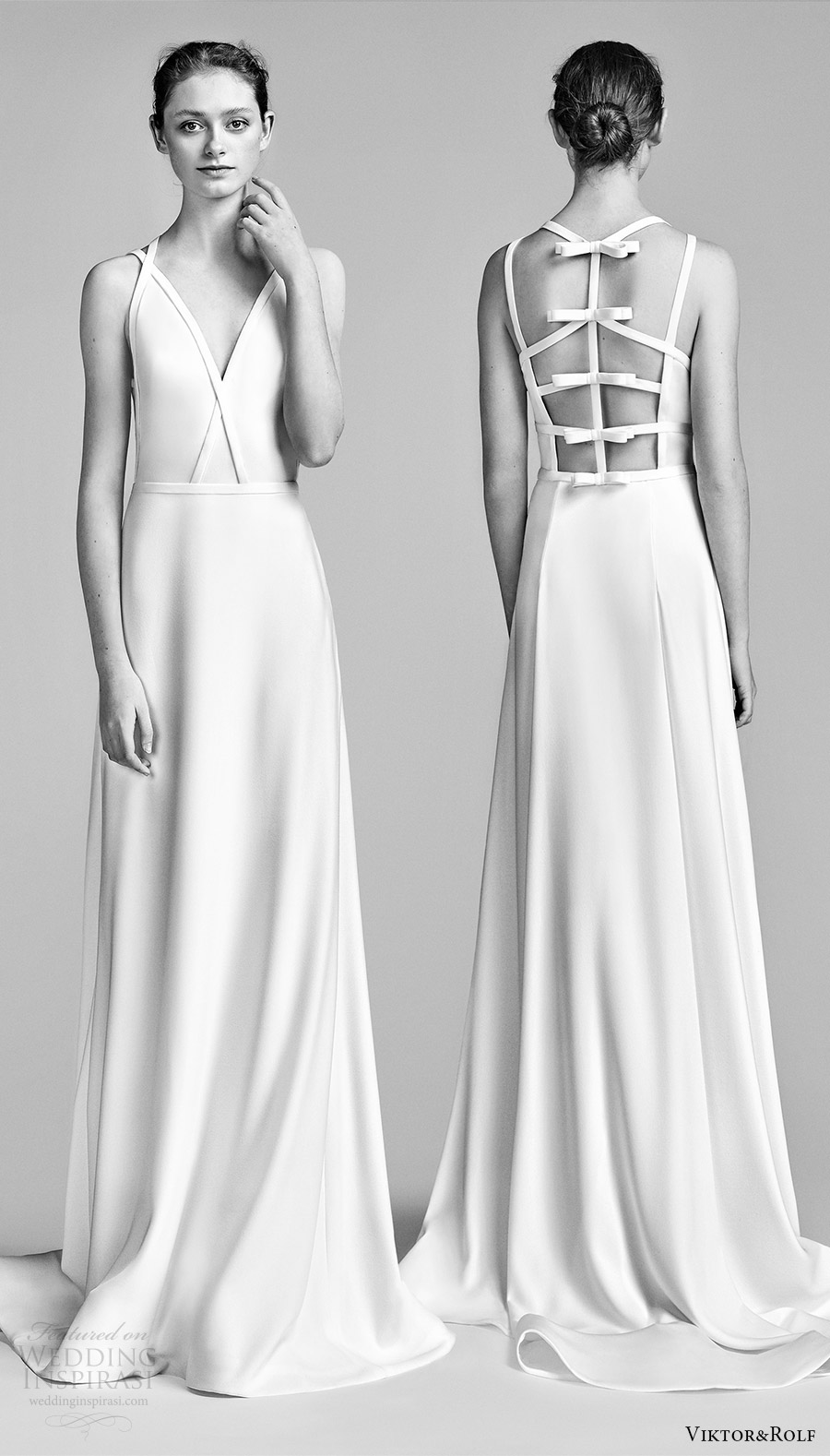 viktor and rolf spring 2018 bridal sleeveless v neck double strap a line wedding dress (14) mv bow back keyhole short train