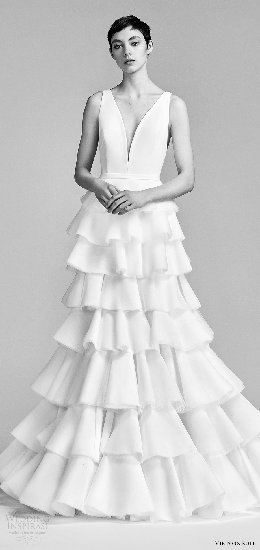 viktor and rolf spring 2018 bridal sleeveless v neck trumpet wedding dress ruffle tiered skirt (17) mv modern romantic