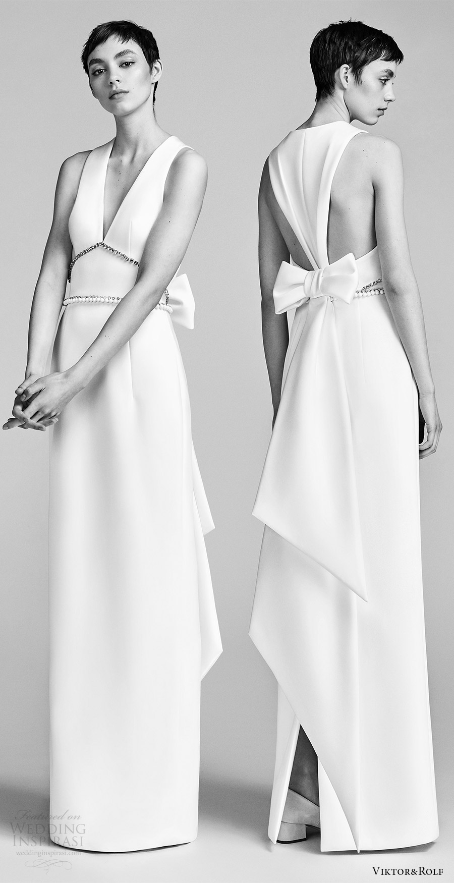 viktor and rolf spring 2018 bridal sleeveless vneck embellished waist column wedding dress (3) mv bow back modern