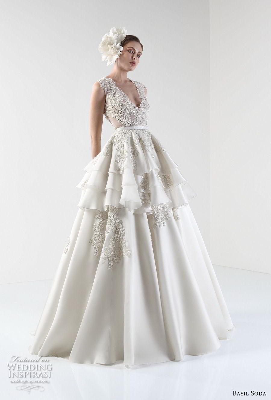 basil soda 2017 bridal sleeveless deep v neck heavily embellished bodice layered skirt princess ball gown a  line weddnig dress covered lace back (3) mv