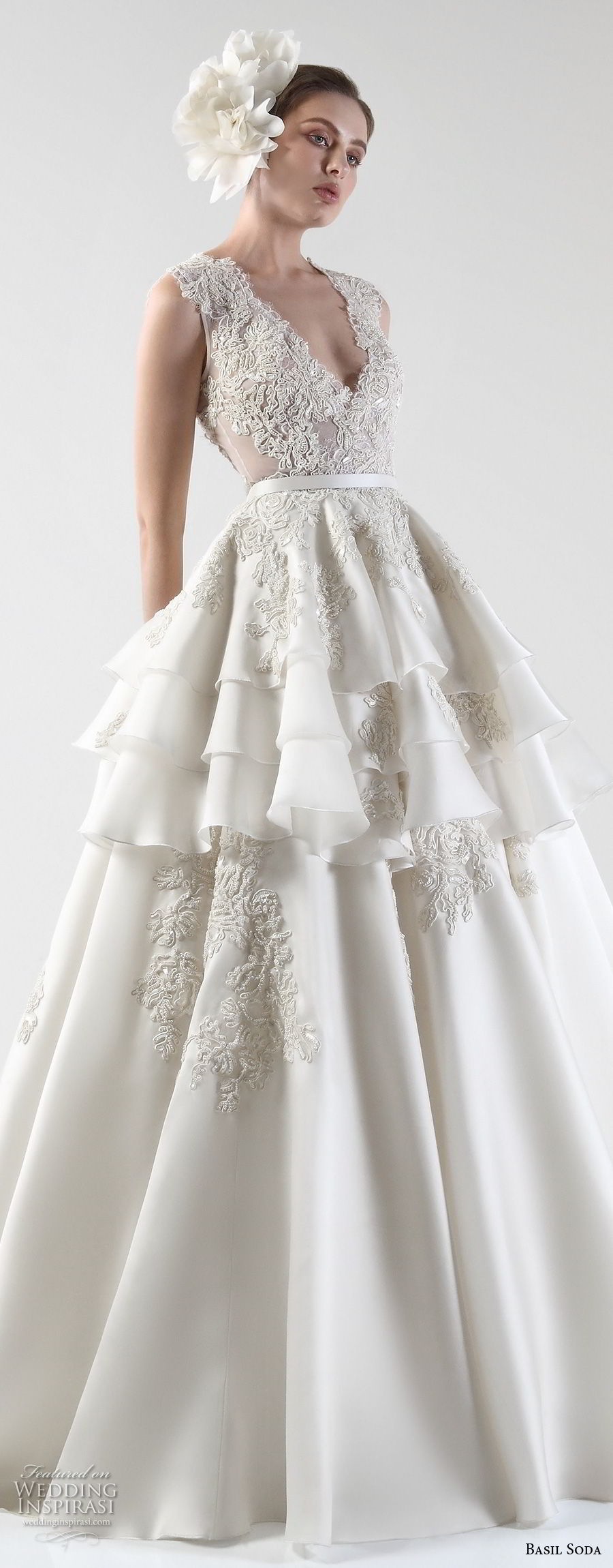 basil soda 2017 bridal sleeveless deep v neck heavily embellished bodice layered skirt princess ball gown a  line weddnig dress covered lace back (3) zv