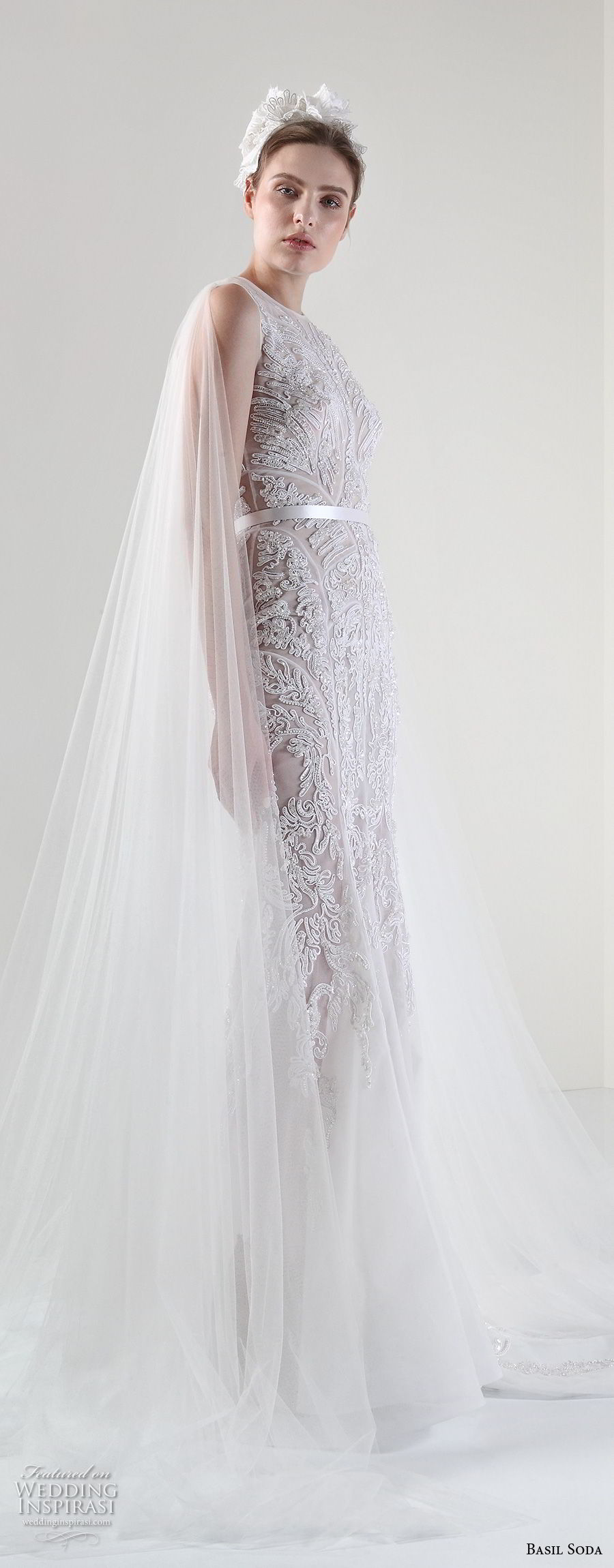 basil soda 2017 bridal sleeveless jewel neck full embellishment elegant gorgeous sheath wedding dress with tulle cape (7) mv