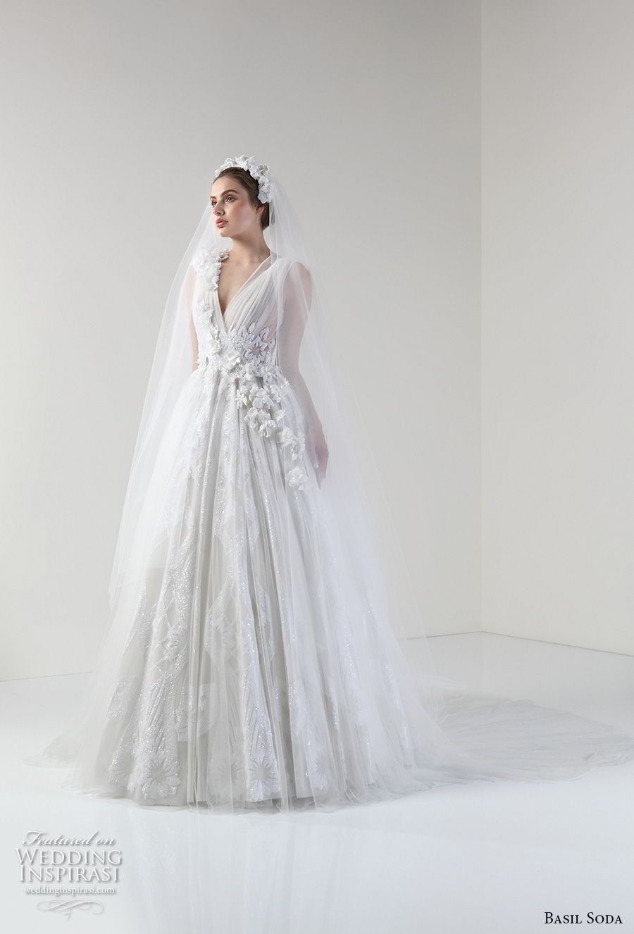 basil soda 2017 bridal sleeveless v neck surplice ruched elegant romantic pretty ball gown a  line wedding dress chapel train (8) mv