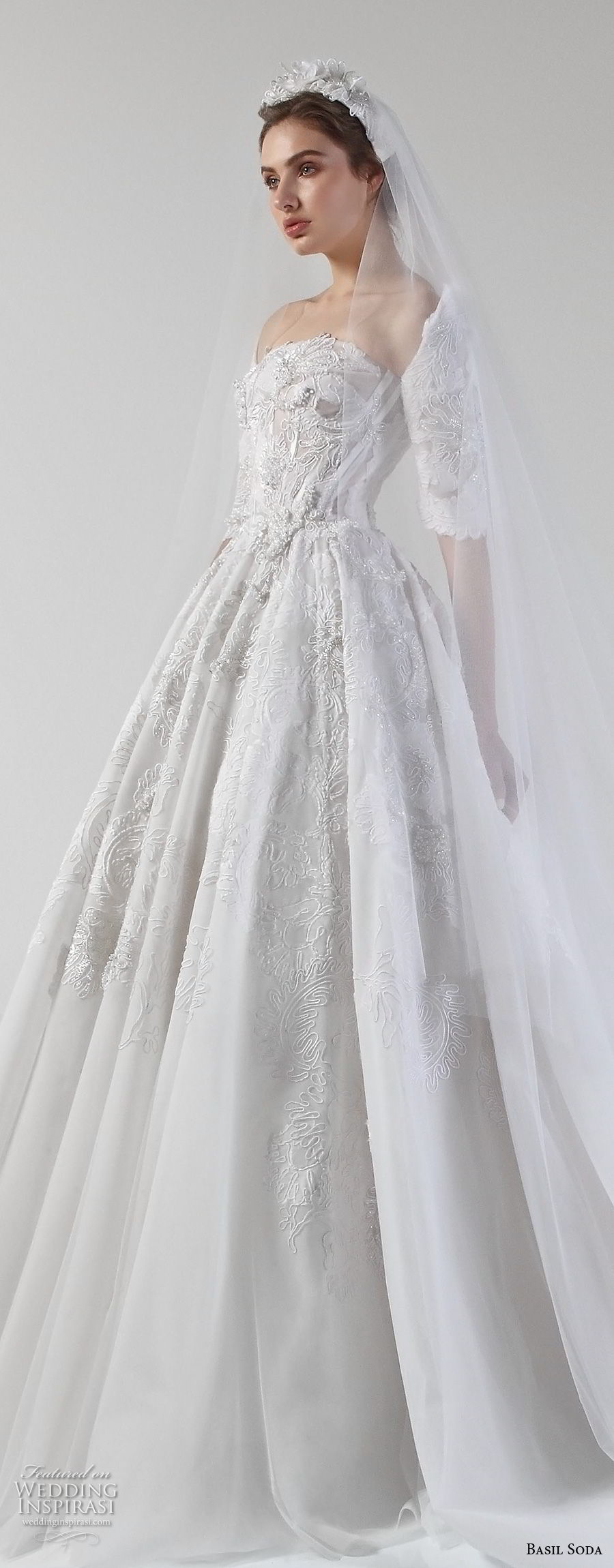 basil soda 2017 bridal strapless half sleeves straight across neckline heavily embellished princess ball gown a  line wedding dress royal train (10) zv