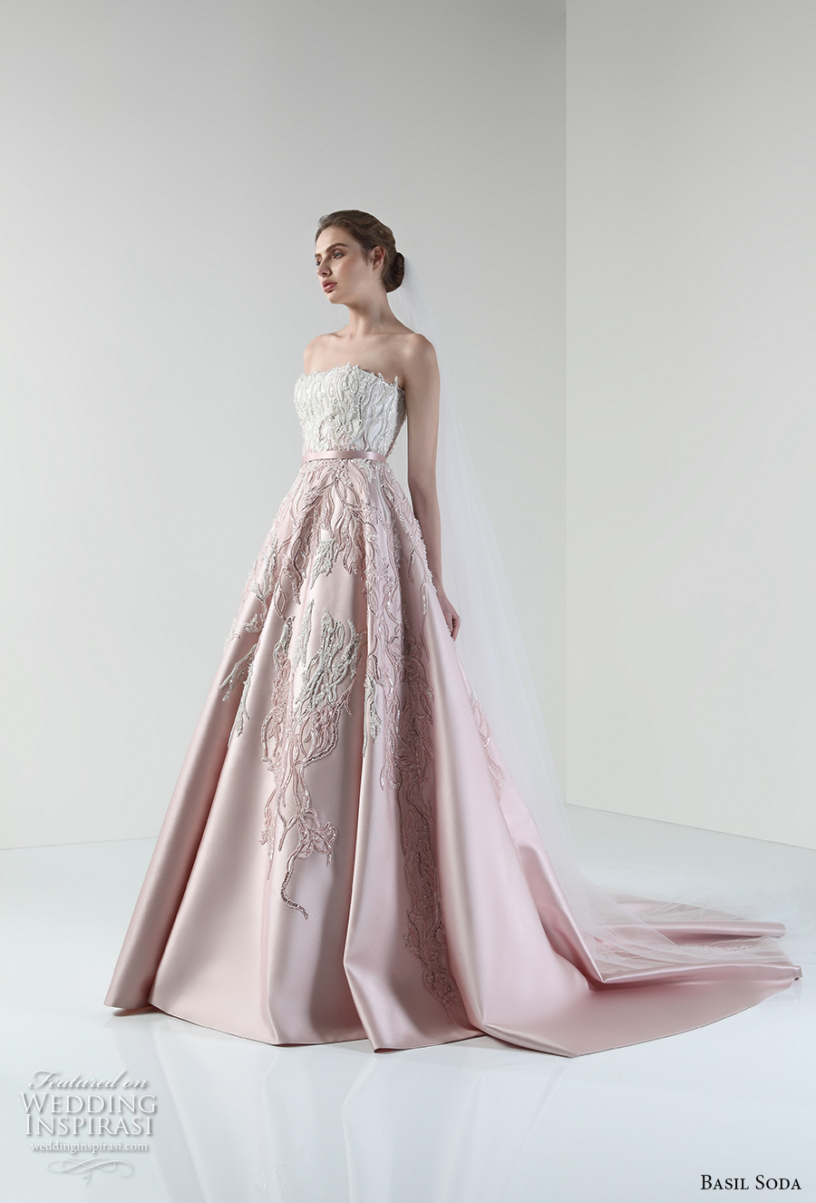 basil soda 2017 bridal strapless straight across heavily embellished bodice romantic princess pink a  line wedding dress chapel train (11) mv