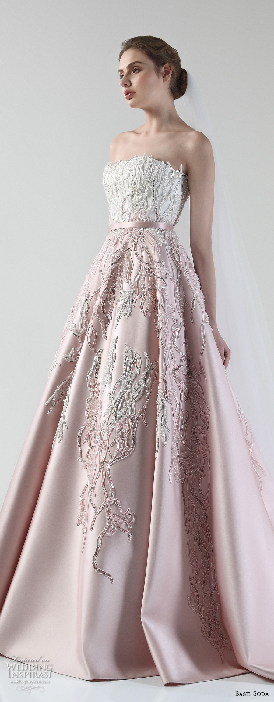 basil soda 2017 bridal strapless straight across heavily embellished bodice romantic princess pink a  line wedding dress chapel train (11) zv