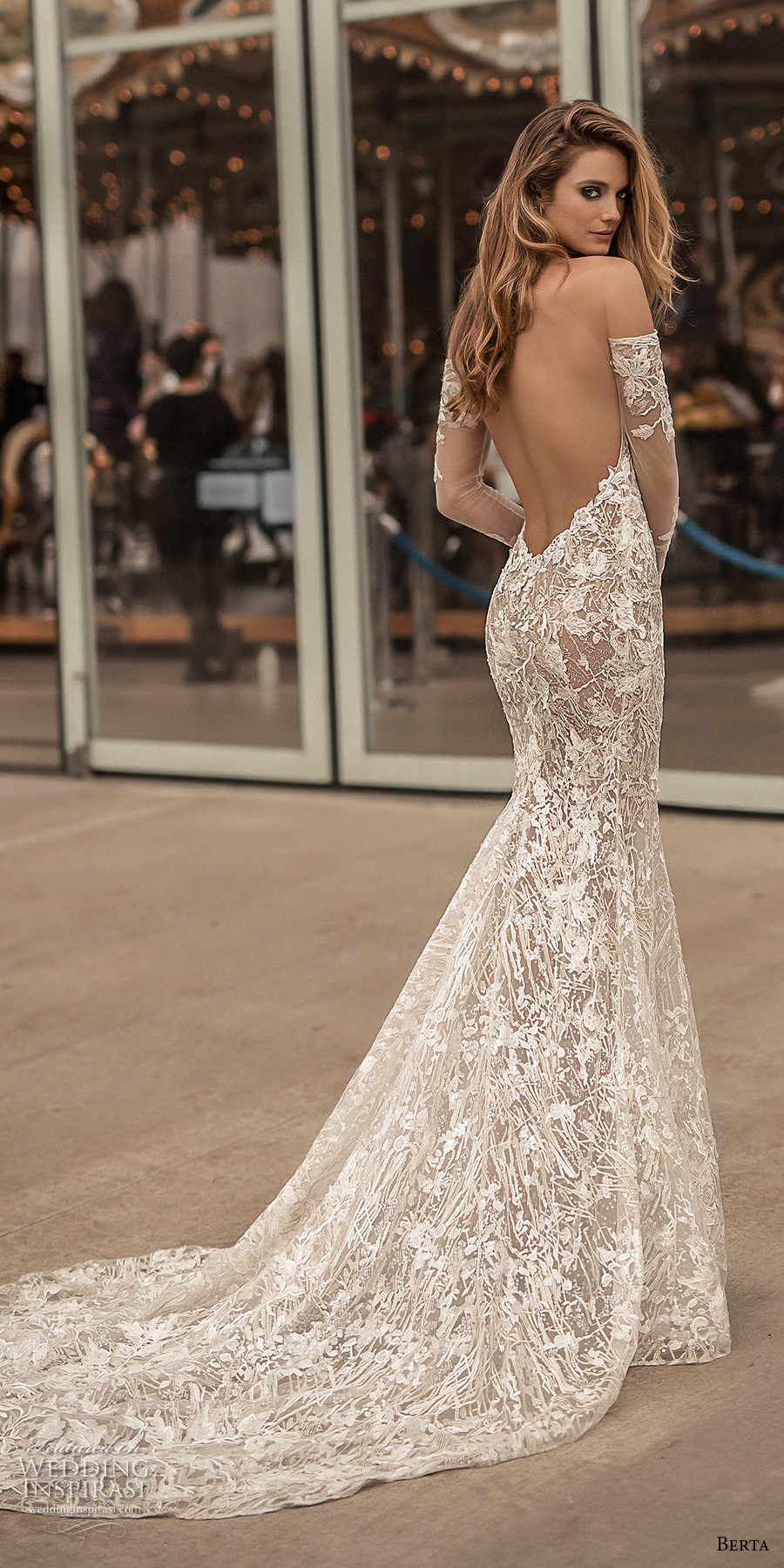 berta spring 2018 bridal long sleeves off the shoulder sweetheart neckline full embellishment sexy elegant fit and flare wedding dress open low back medium train (3) bv